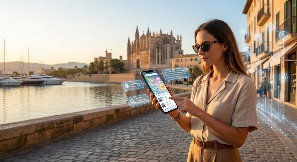 Una turista usa su smartphone frente a la Catedral de Palma de Mallorca. En la pantalla aparece un mapa interactivo interactuando con elementos visuales que representan el posicionamiento GEO, el SEO local y recomendaciones inteligentes de IA (LLMs) para encontrar negocios locales en Baleares.
