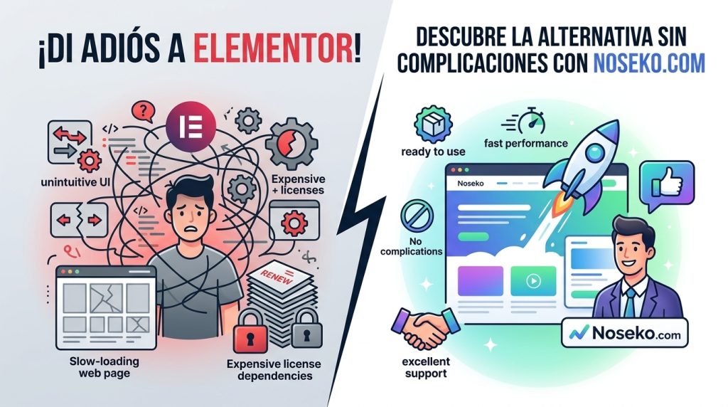 Infografía comparativa que contrasta los problemas de usar Elementor frente a las ventajas de Noseko.com. A la izquierda, un usuario frustrado rodeado de cables, códigos confusos, advertencias de renovación de licencias costosas y carga lenta. A la derecha, un profesional sonriente junto a una web rápida representada por un cohete en despegue, destacando "listo para usar", "sin complicaciones" y "excelente soporte".