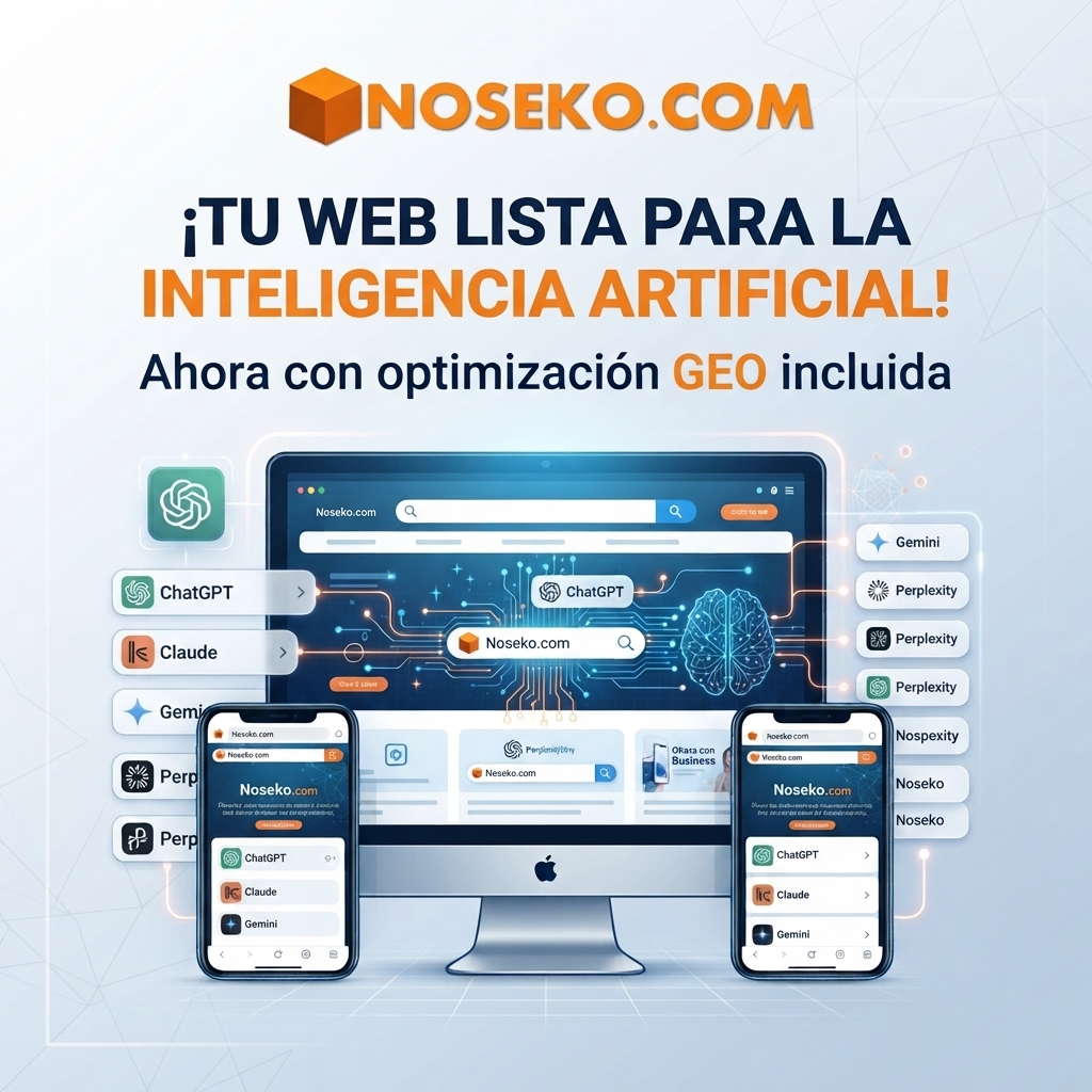 Imagen corporativa de Noseko.com mostrando páginas web optimizadas para buscadores de Inteligencia Artificial mediante GEO